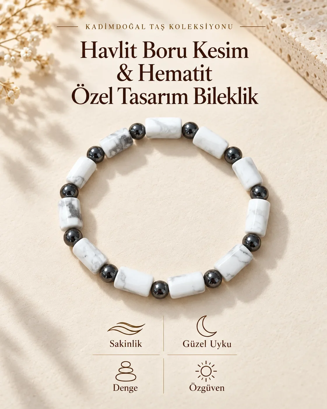 Sertifikalı Havlit Boru Kesim & Hematit 6 mm Özel Tasarım Doğaltaş Bileklik