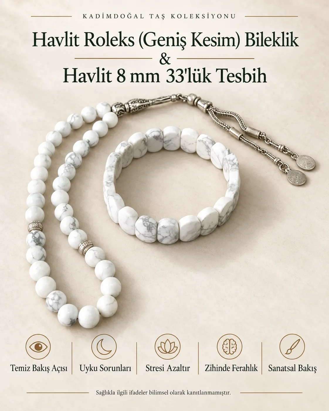 Sertifikalı Havlit Roleks (Geniş Kesim) Bileklik & Havlit 8 mm 33'lük Doğaltaş Tesbih Seti