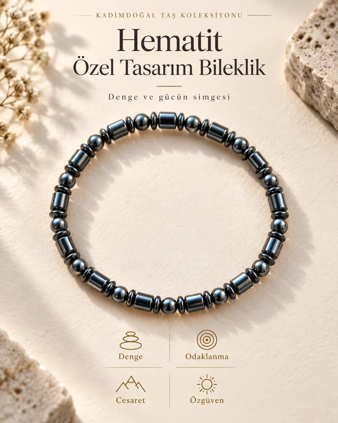 Sertifikalı Hematit Yassı Kesim & 6 mm Özel Tasarım Doğaltaş Bileklik