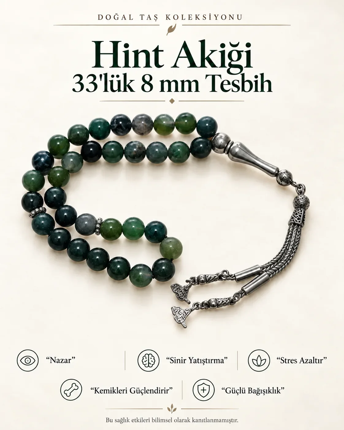 Sertifikalı Hint Akiği 8 mm 33'lük Doğaltaş Tesbih