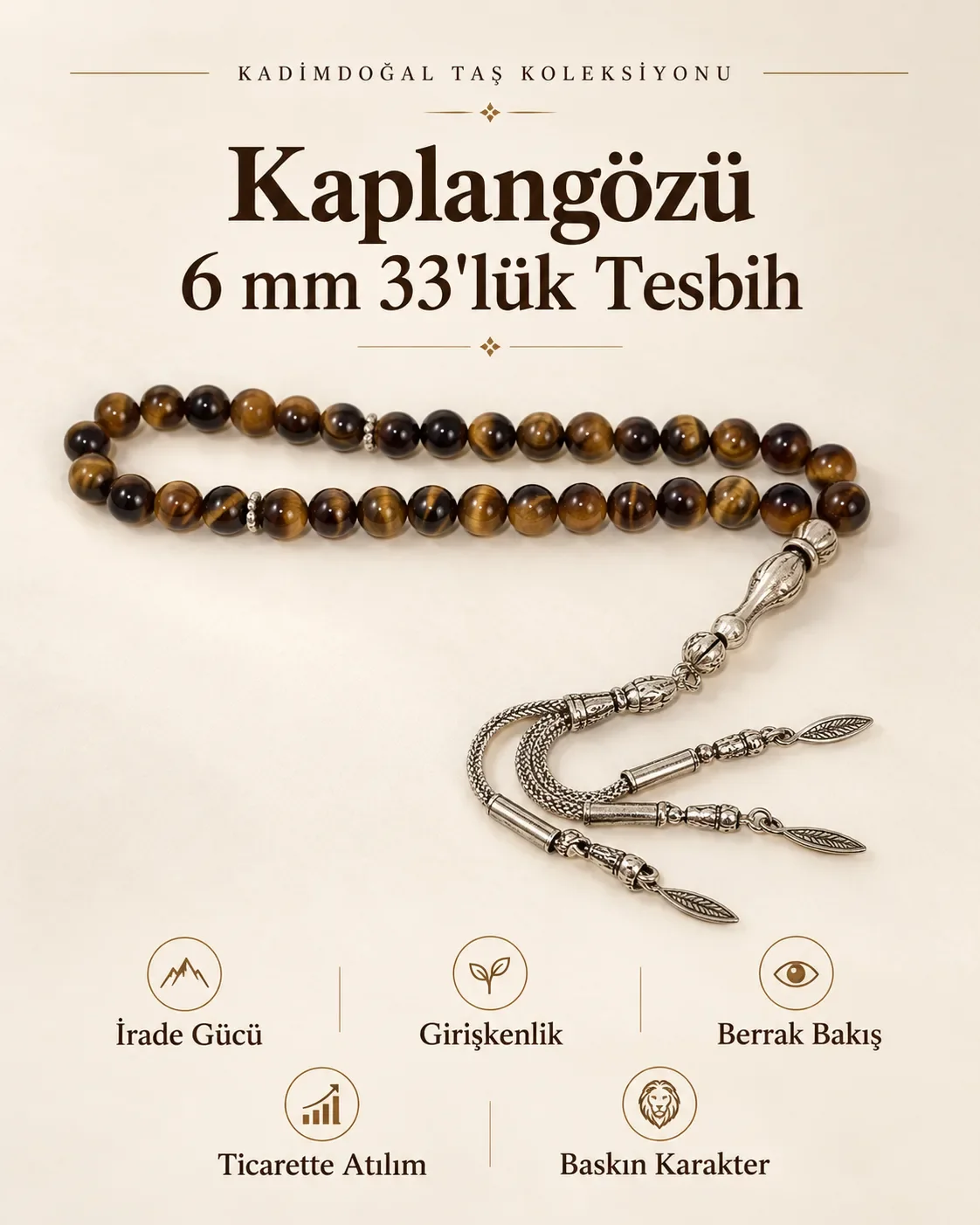 Sertifikalı 6 mm 33'lük Kaplangözü Doğaltaş Tesbih