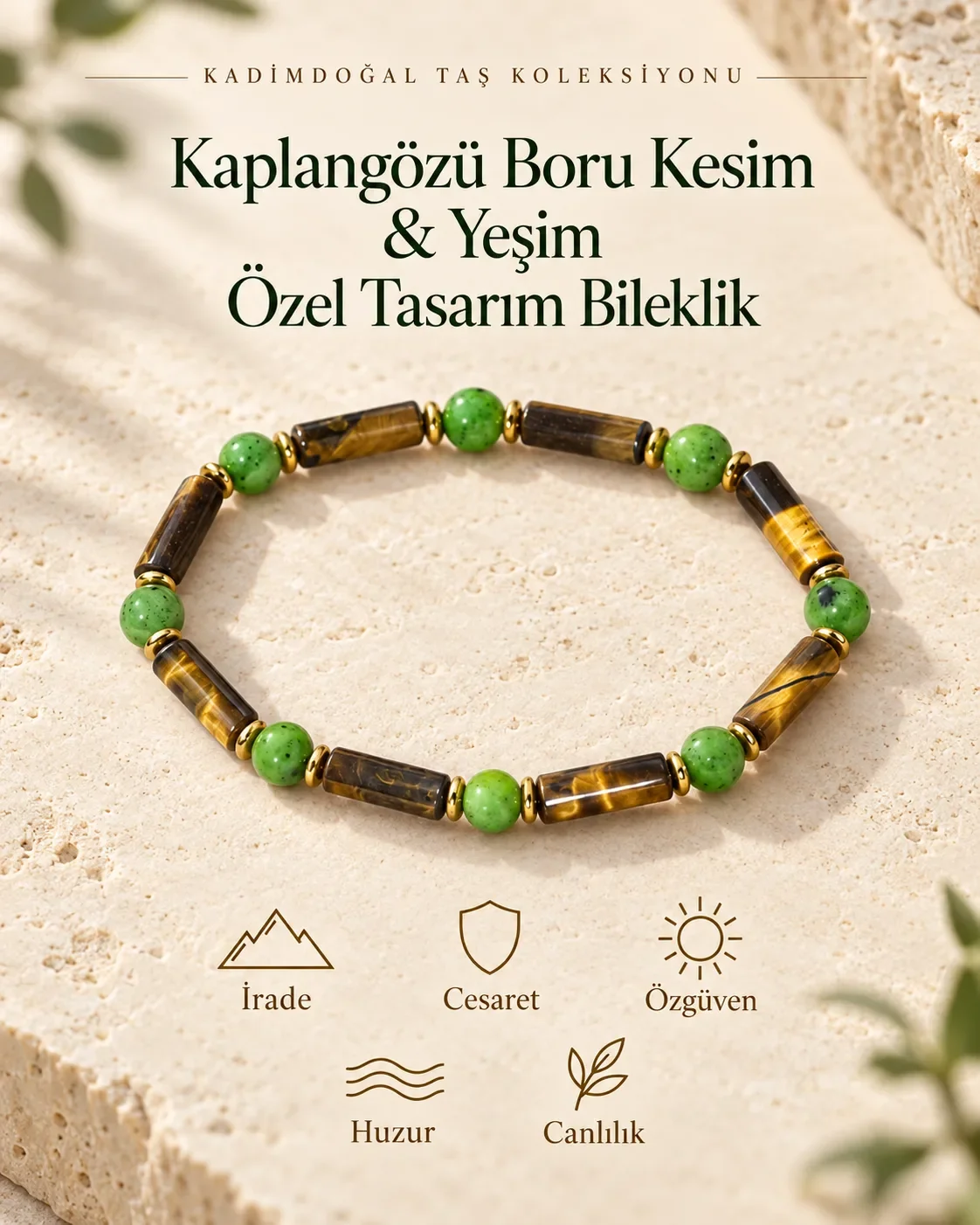 Sertifikalı Kaplangözü Boru Kesim & Yeşim 6 mm Özel Tasarım Bileklik