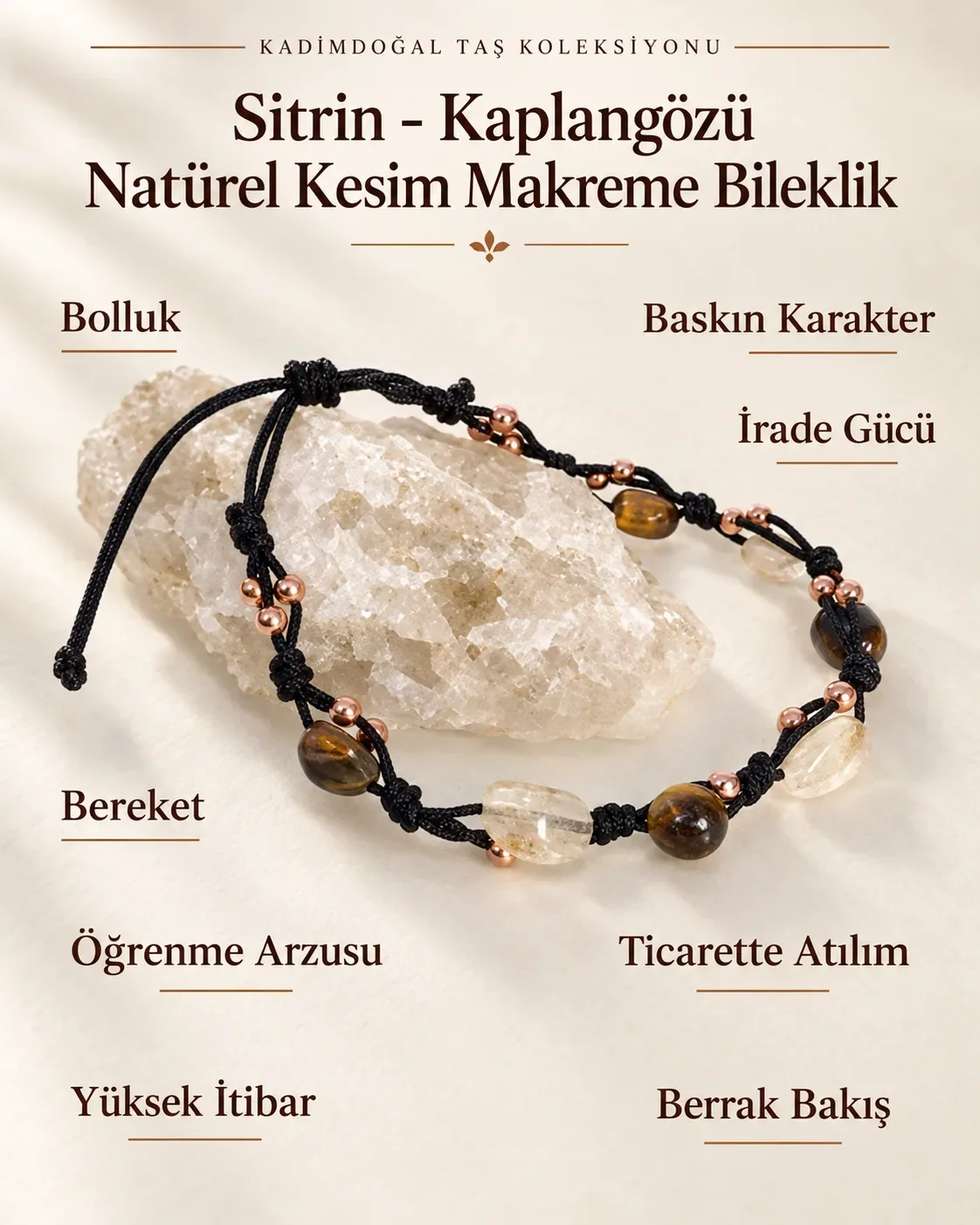 Sertifikalı Sitrin & Kaplangözü Naturel Kesim Makreme Örgü Doğaltaş Bileklik