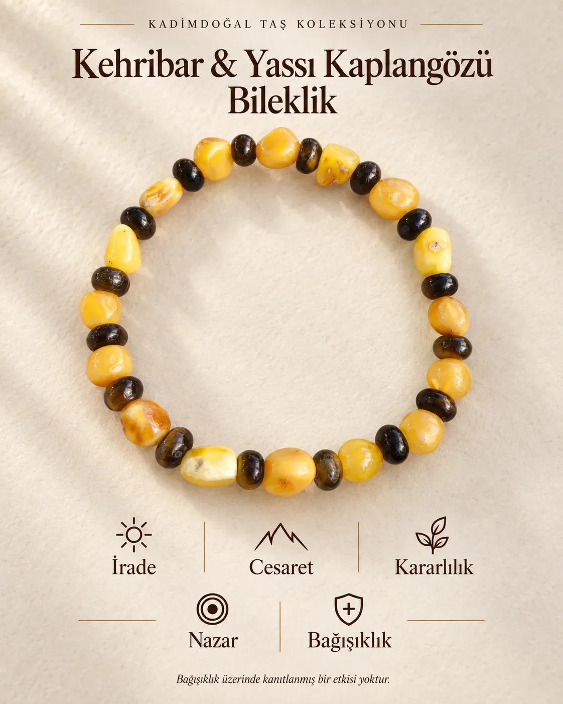 Sertifikalı Kehribar & Kaplangözü Yassı Kesim Doğaltaş Özel Tasarım Bileklik