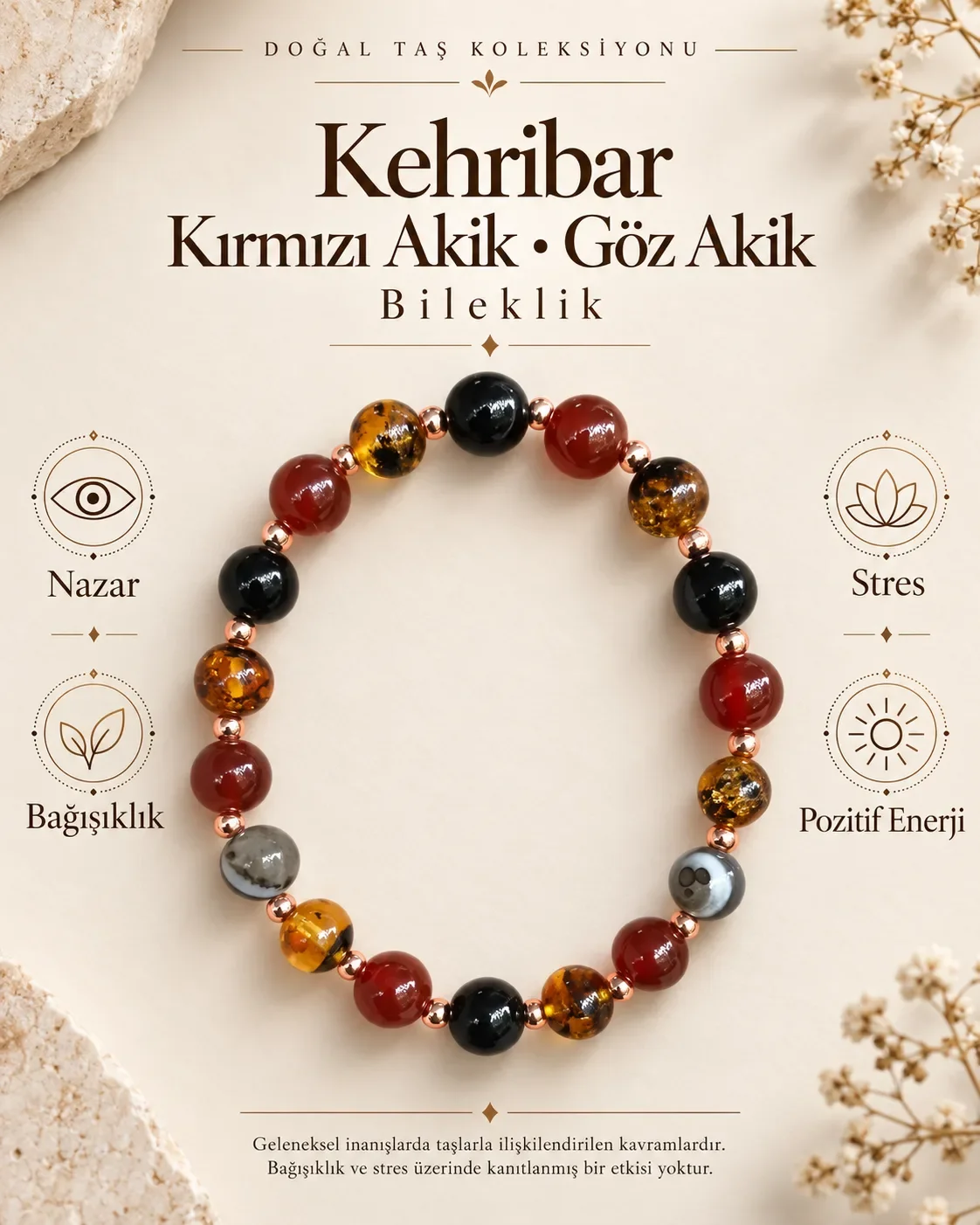 Sertifikalı Kehribar & Kırmızı Akik 8 mm & Göz Akik 8 mm Doğaltaş Özel Tasarım Bileklik