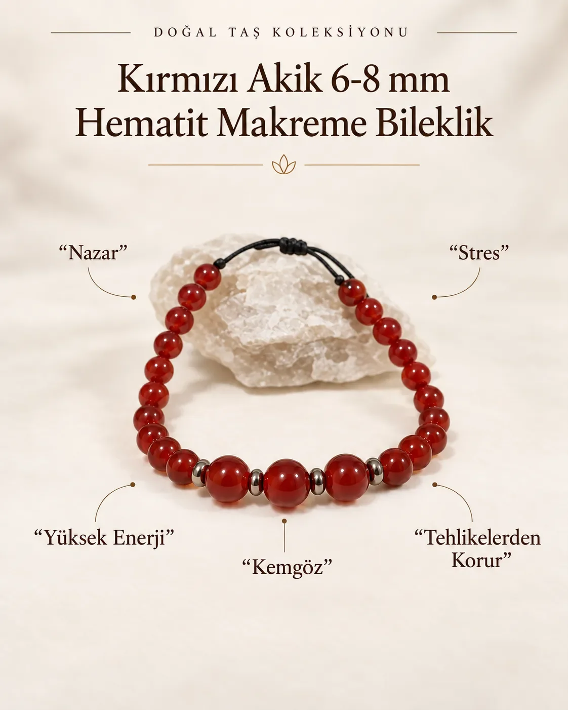 Sertifikalı 6-8 mm Kırmızı Akik Özel Tasarım Makreme Örgü Bileklik
