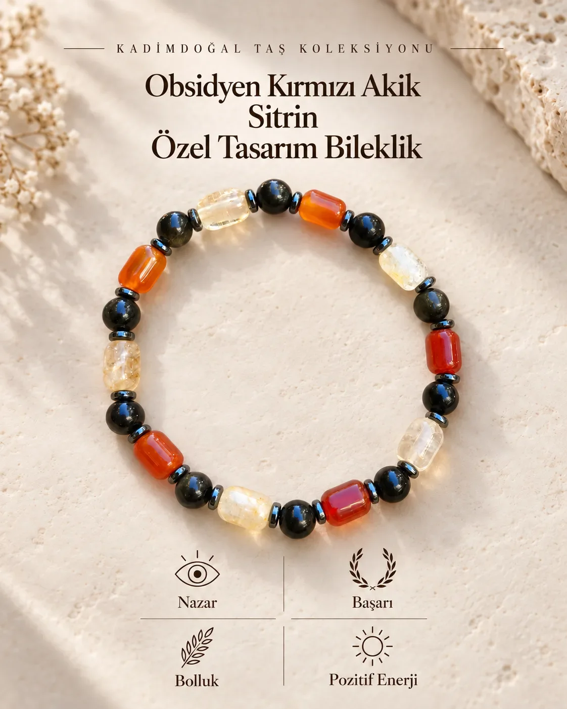 Sertifikalı Kırmızı Akik Sitrin Kısa Yassı & Obsidyen 6 mm Doğaltaş Bileklik