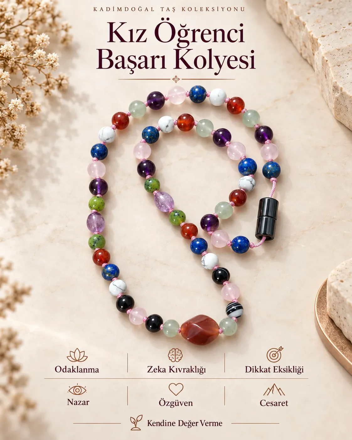 Sertifikalı 6 mm Doğaltaş Kız Öğrenci Başarı Kolyesi