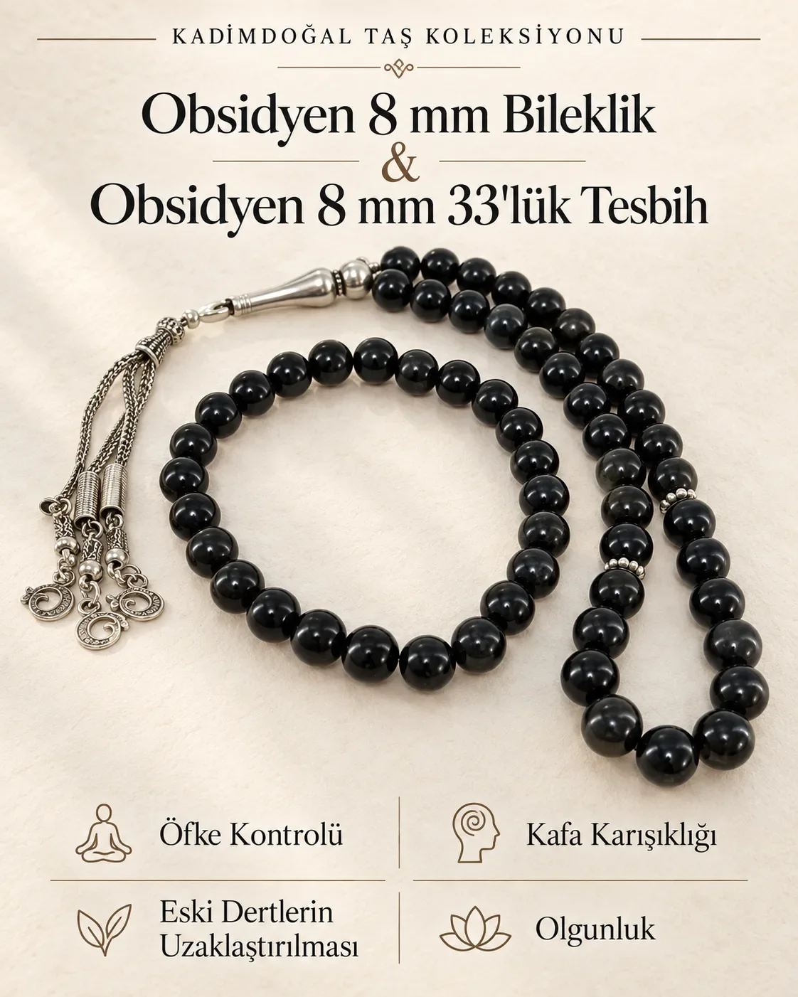 Sertifikalı Obsidyen 8 mm 33'lük Tesbih & 8 mm Bileklik Seti