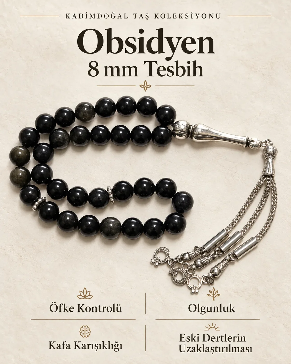 Sertifikalı 8 mm Obsidyen 33'lük Doğaltaş Tesbih