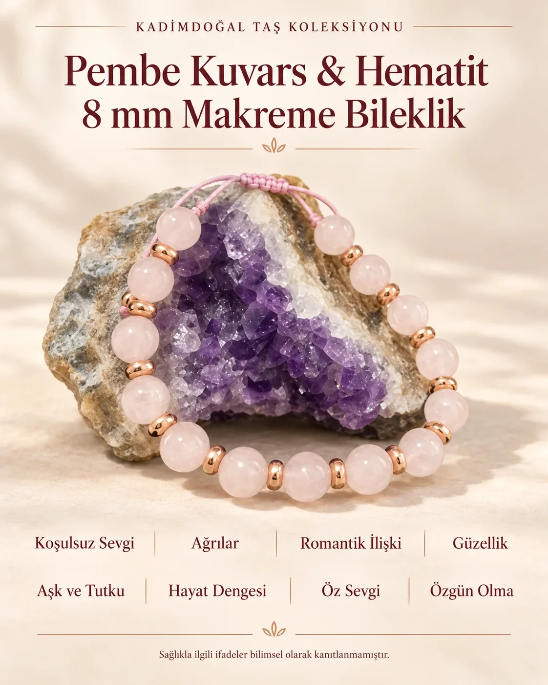 Sertifikalı 8 mm Pembe Kuvars Doğaltaş Makreme Örgü Bileklik