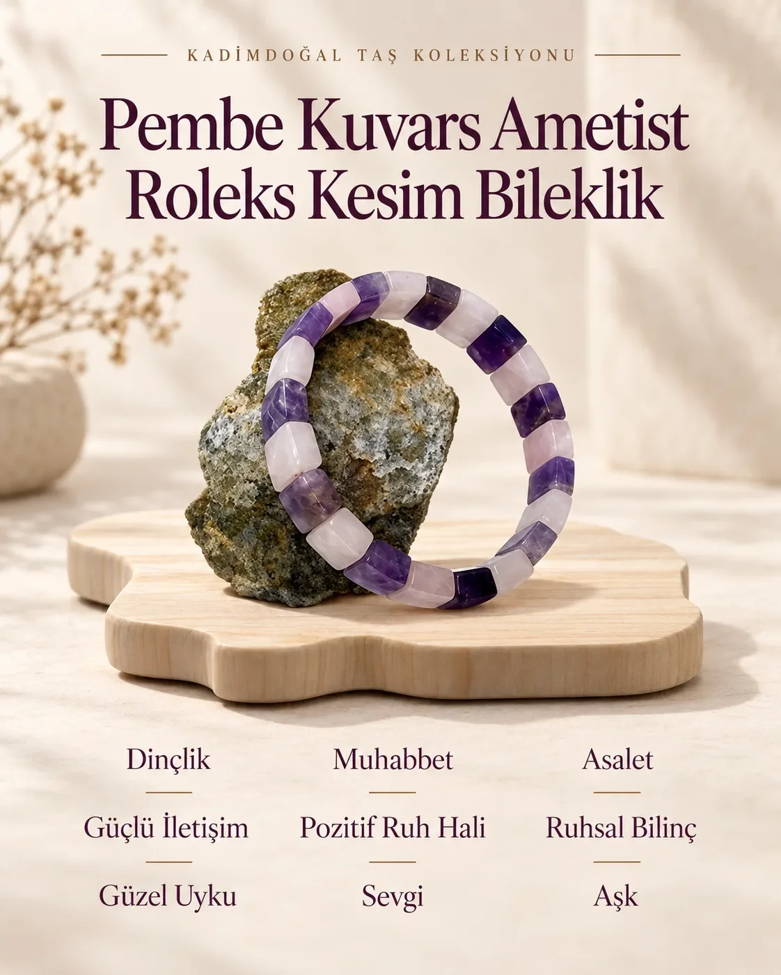 Sertifikalı Pembe Kuvars & Ametist Rolex (Geniş Kesim) Doğaltaş Bileklik