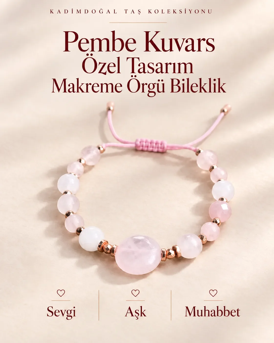 Sertifikalı Pembe Kuvars Özel Tasarım Doğaltaş Makreme Örgü Bileklik