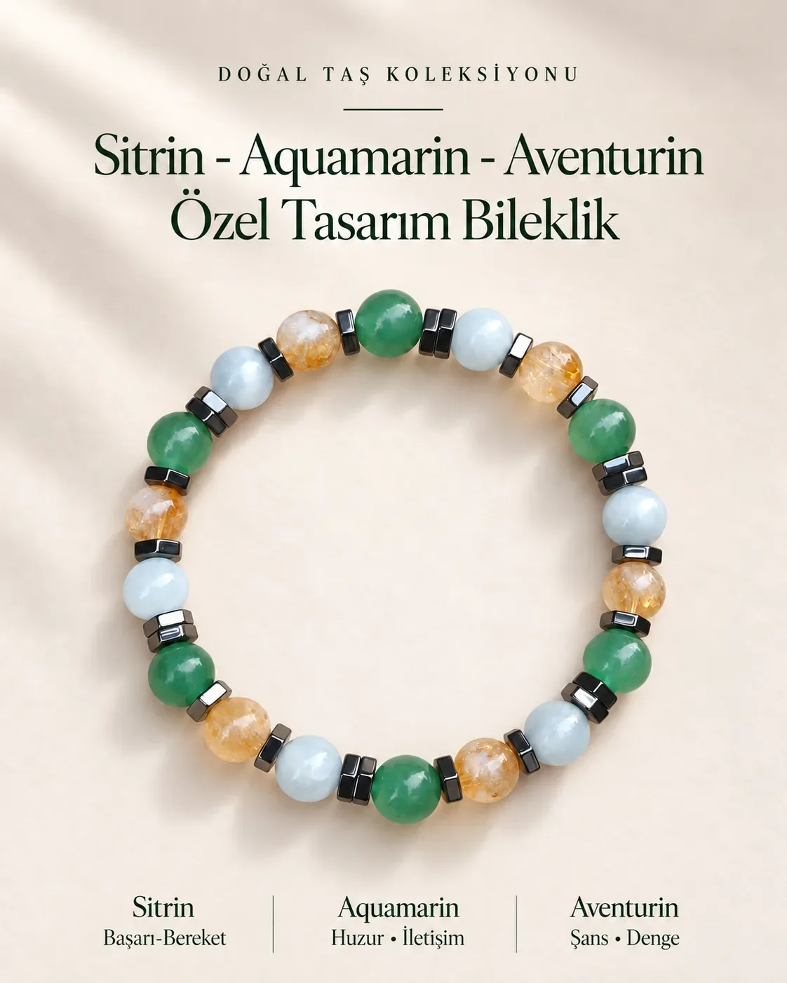 Sertifikalı Aquamarin & Aventurin & Sitrin 8 mm Özel Tasarım Bileklik