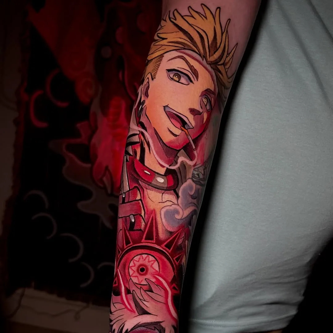 tatuaje Denji, tatuaje Chainsaw Man, tattoo anime a color, tatuaje manga, tatuaje en brazo, tattoo otaku, tatuaje personaje anime.