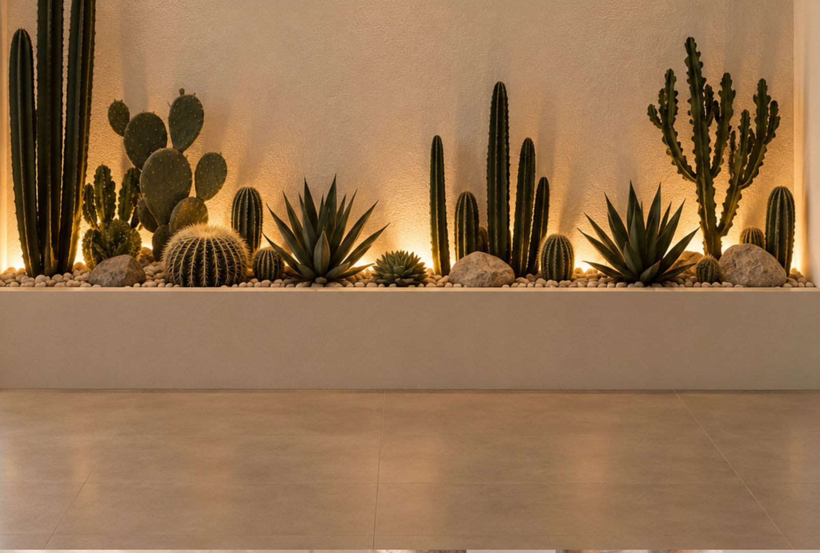 Jardín de cactus iluminado contra el muro del estudio
