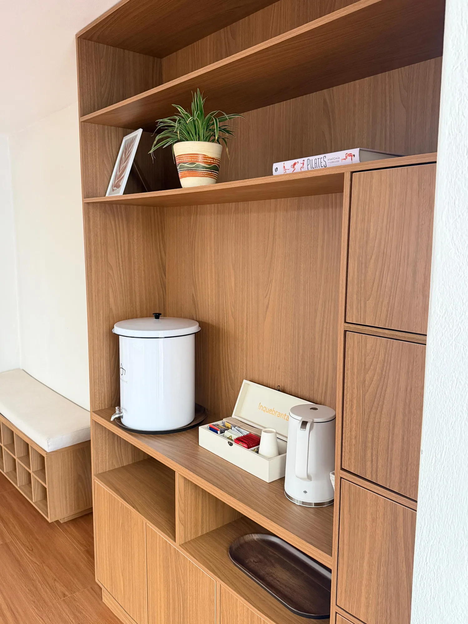 Mueble de madera de la recepción con estantes y una planta