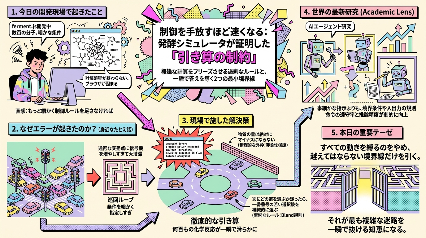 制御を手放すほど速くなる：発酵シミュレータが証明した「引き算の制約」