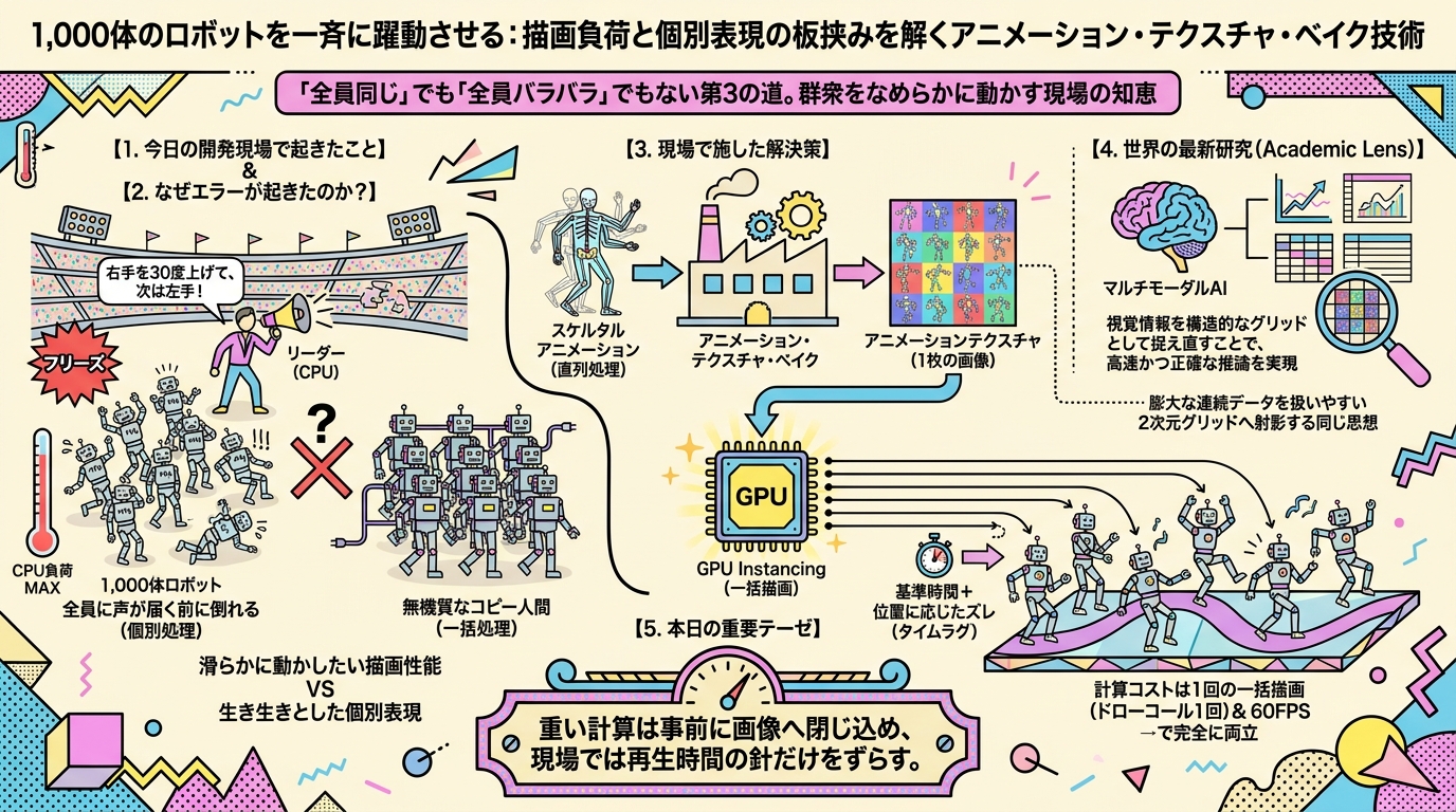 1,000体のロボットを一斉に躍動させる：描画負荷と個別表現の板挟みを解くアニメーション・テクスチャ・ベイク技術