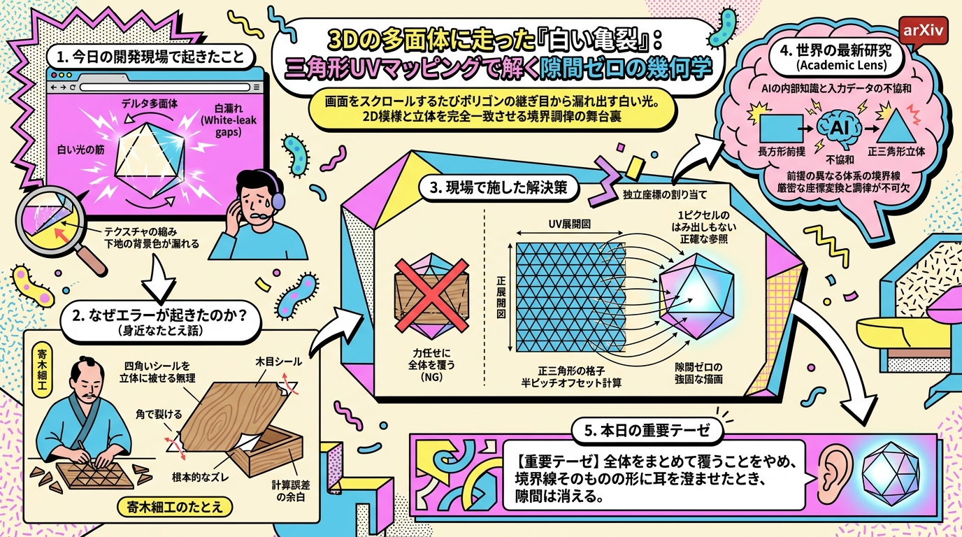 3Dの多面体に走った「白い亀裂」：三角形UVマッピングで解く隙間ゼロの幾何学