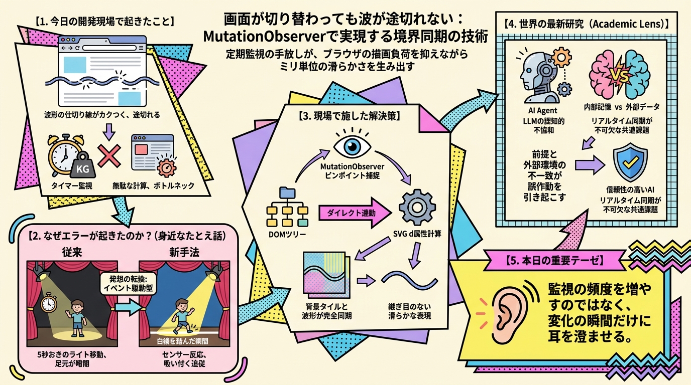 画面が切り替わっても波が途切れない：MutationObserverで実現する境界同期の技術