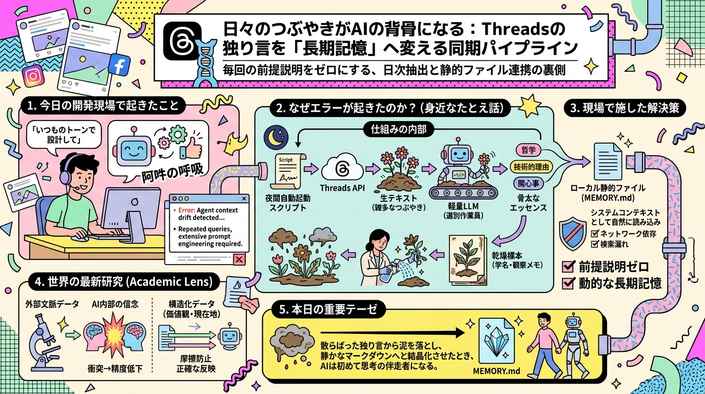 日々のつぶやきがAIの背骨になる：Threadsの独り言を「長期記憶」へ変える同期パイプライン