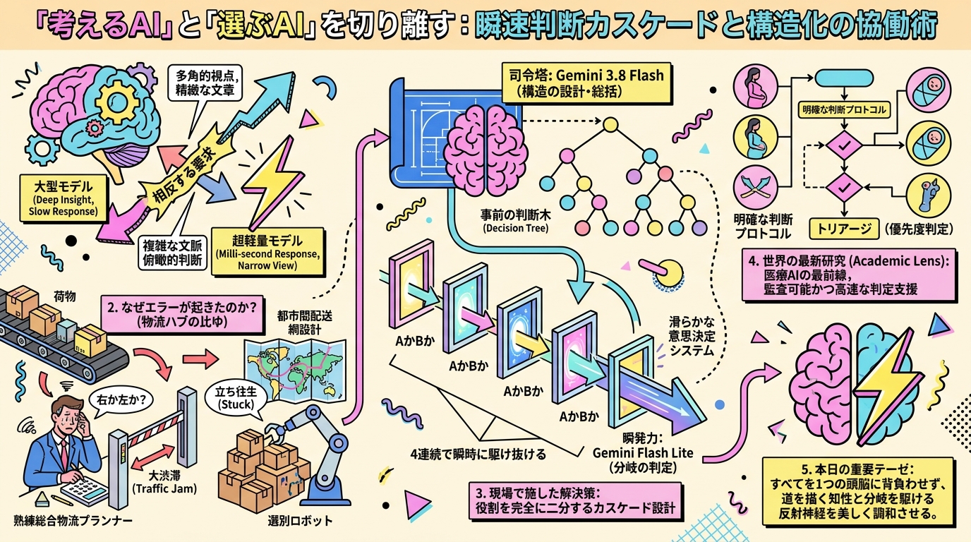 「考えるAI」と「選ぶAI」を切り離す：瞬速判断カスケードと構造化の協働術