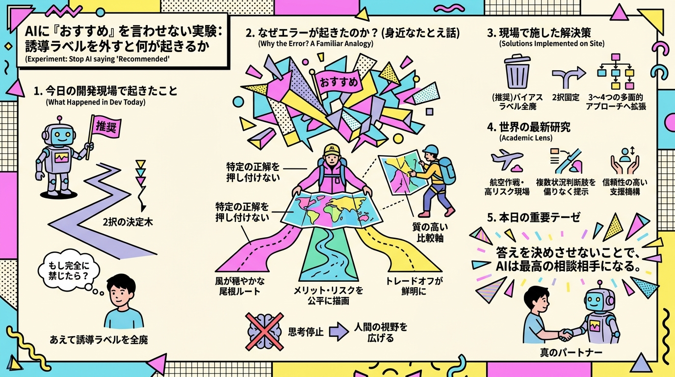 AIに「おすすめ」を言わせない実験：誘導ラベルを外すと何が起きるか