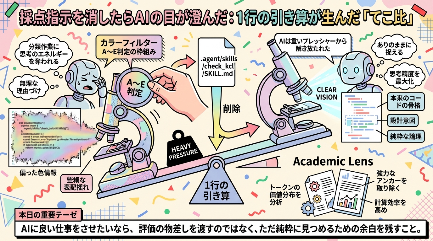 採点指示を消したらAIの目が澄んだ：1行の引き算が生んだ「てこ比」