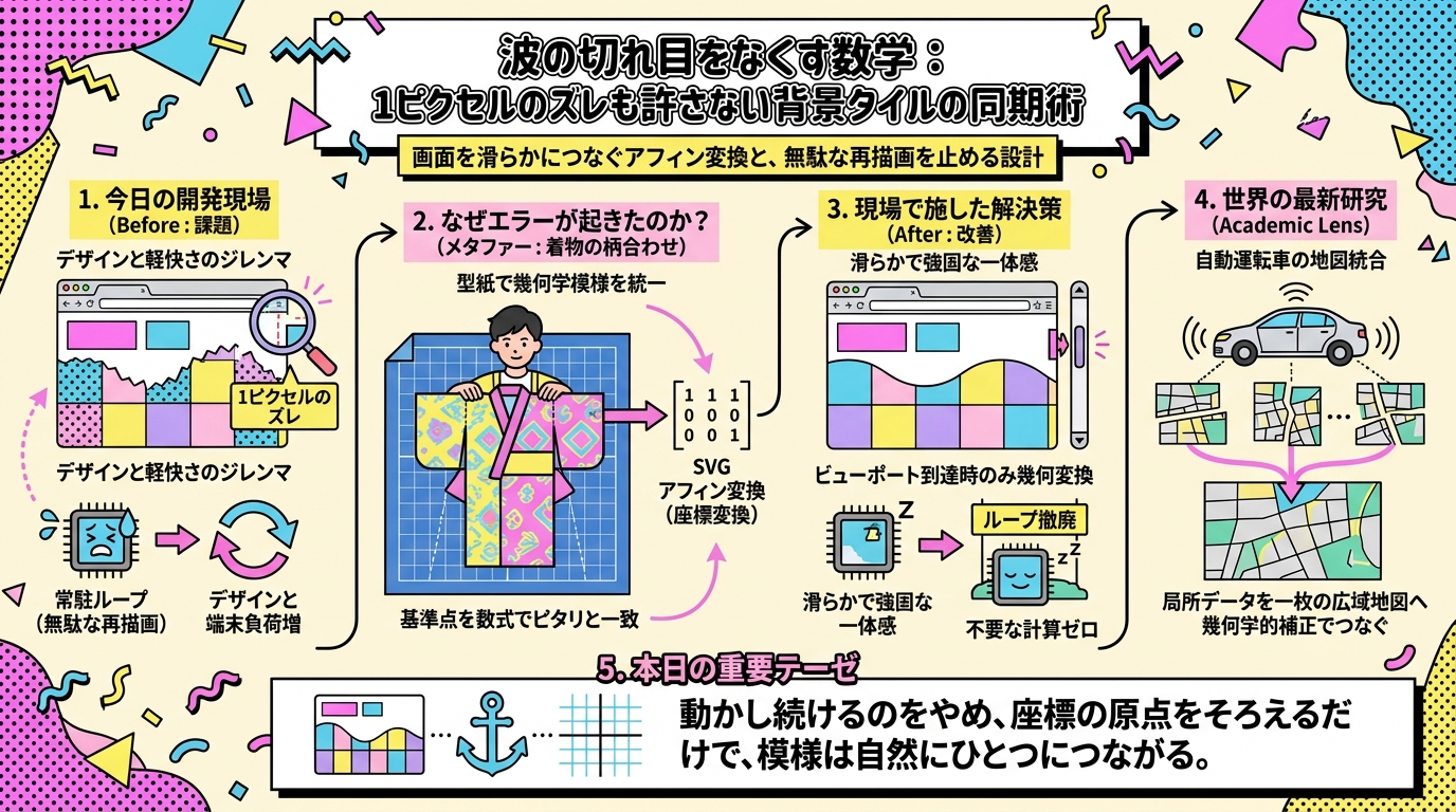 波の切れ目をなくす数学：1ピクセルのズレも許さない背景タイルの同期術