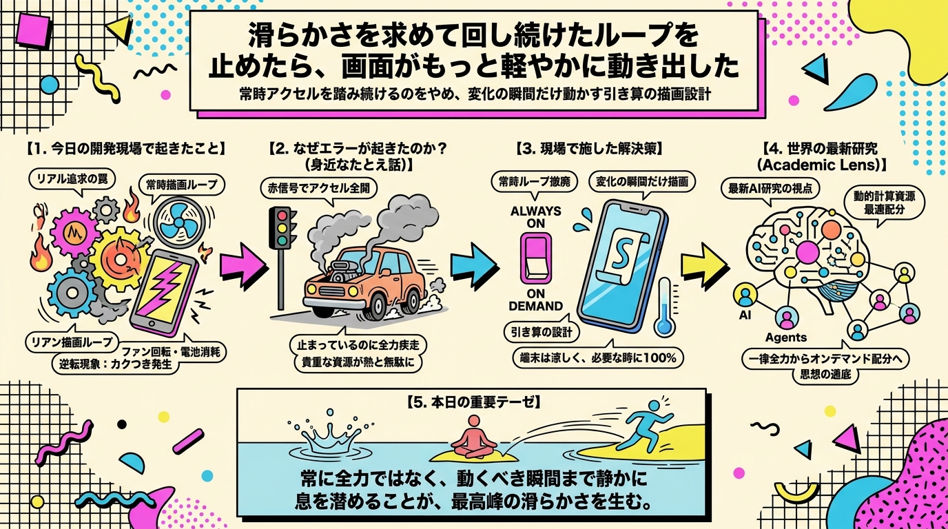 滑らかさを求めて回し続けたループを止めたら、画面がもっと軽やかに動き出した