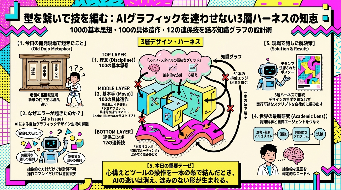 型を繋いで技を編む：AIグラフィックを迷わせない3層ハーネスの知恵