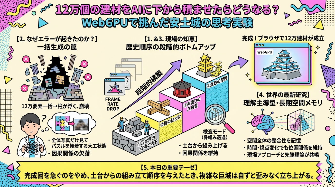 12万個の建材をAIに下から積ませたらどうなる？ WebGPUで挑んだ安土城の思考実験