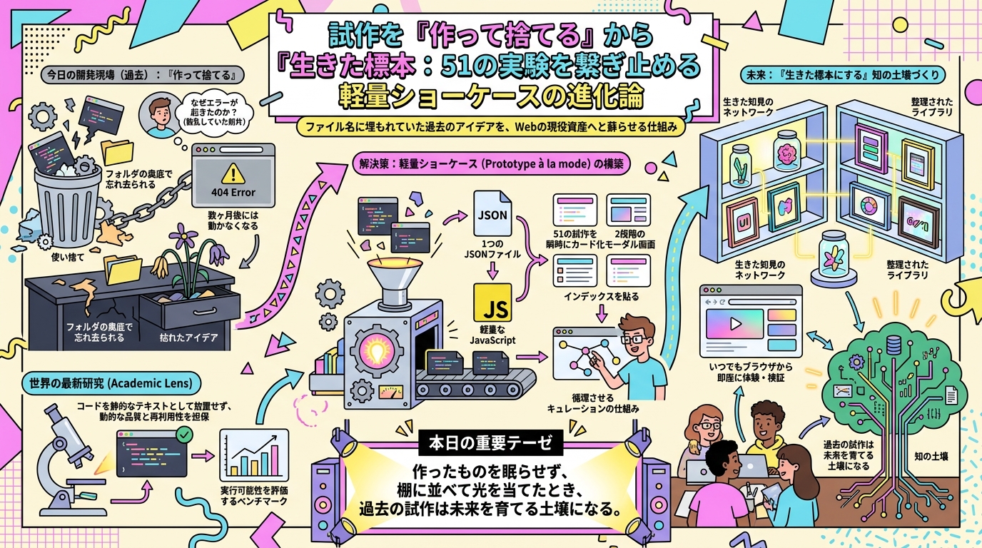 試作を「作って捨てる」から「生きた標本にする」へ：51の実験を繋ぎ止める軽量ショーケースの進化論