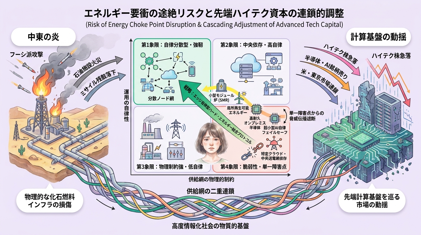 中東の炎と計算基盤の動揺：石油施設攻撃と半導体急落が照らす供給網の二重連鎖