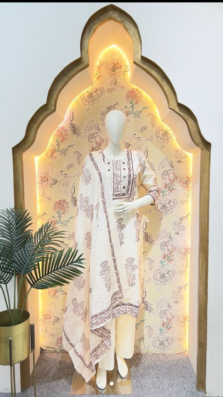 Vintage Charm Ivory & Maroon Pure Cotton Kurta Set gallery 2