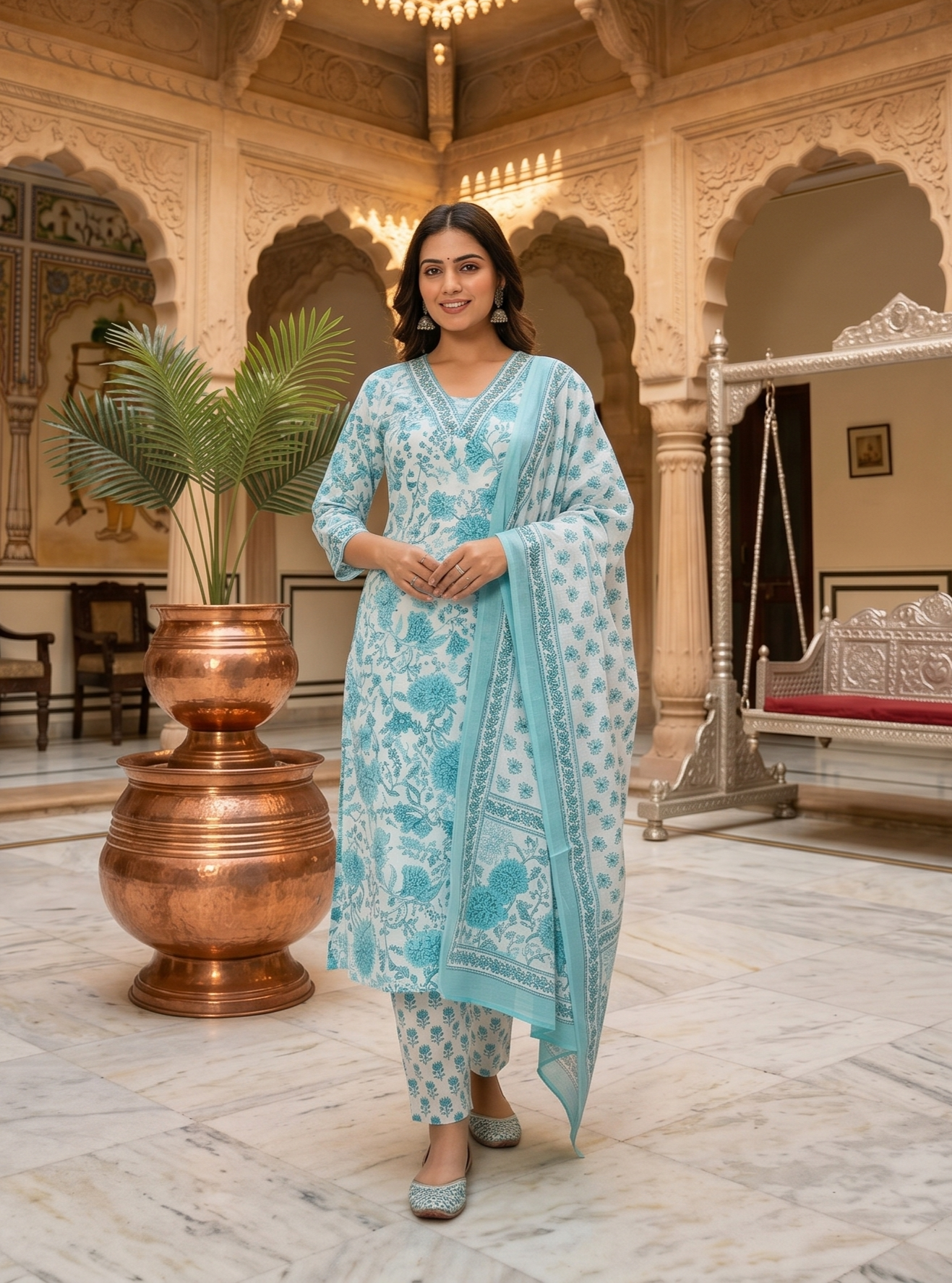 Firoza Breeze: Pure Cotton Floral Block-Print Kurta Set