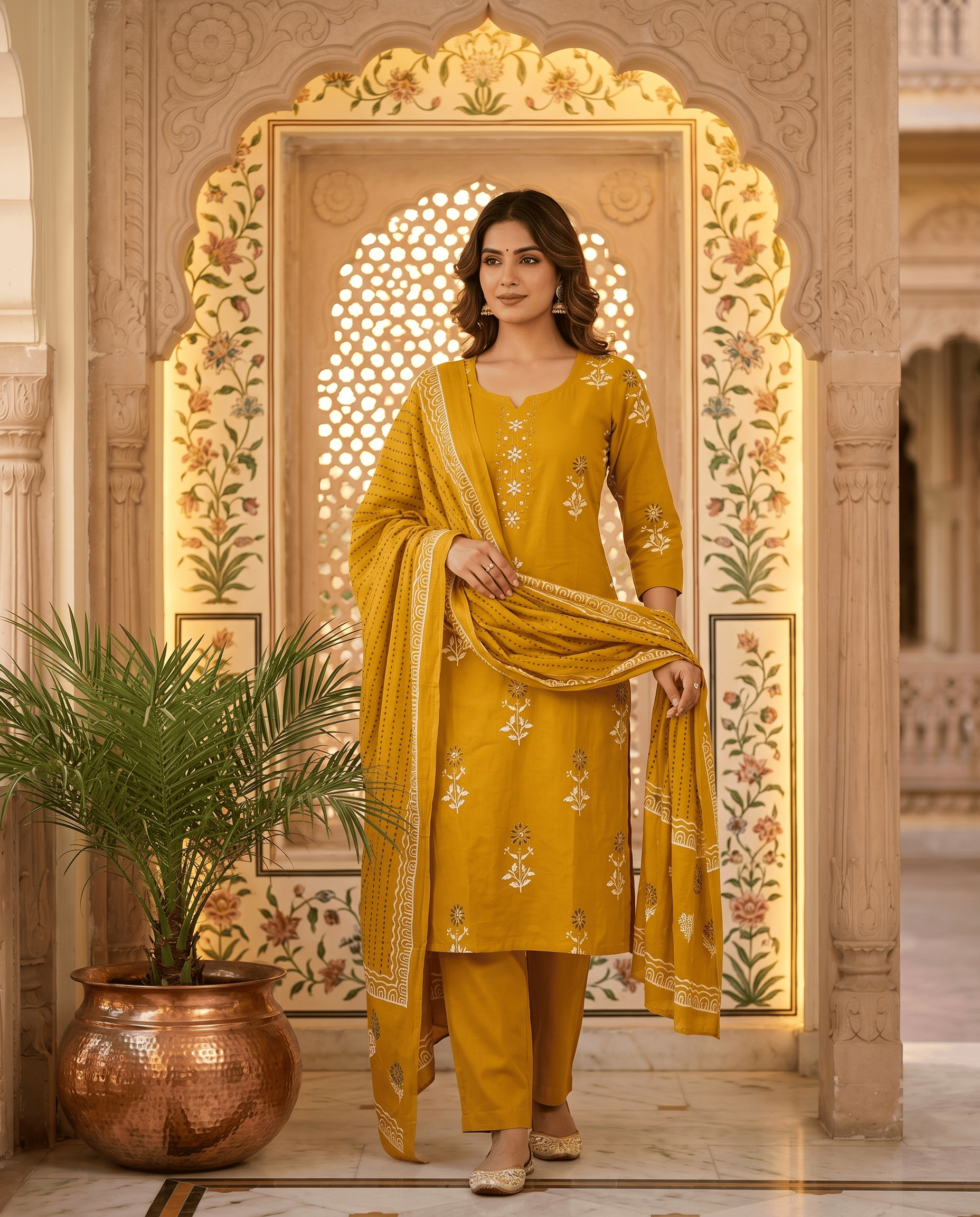 Mayur Mustard: Pure Cotton Hand-Alinea Kurta Set
