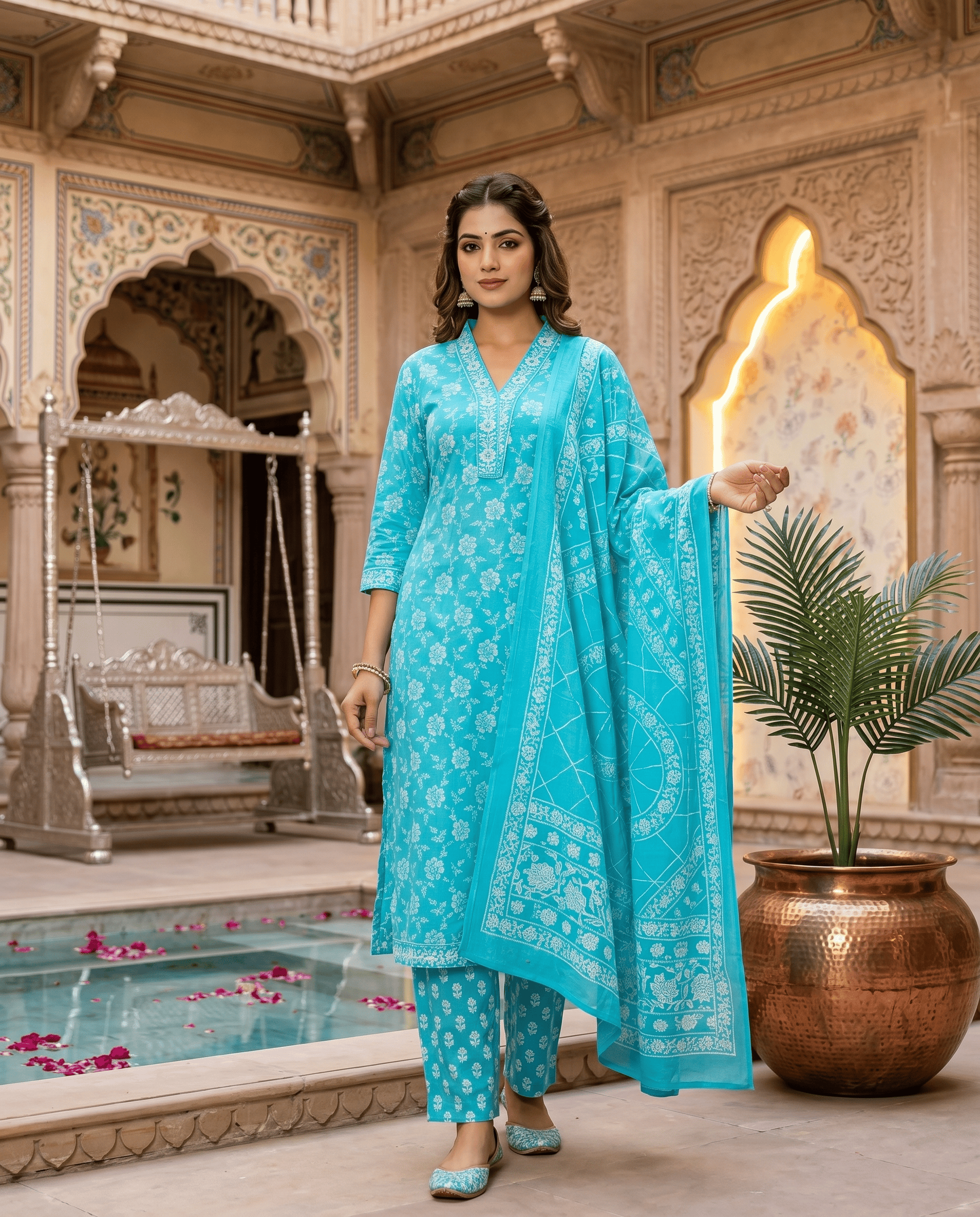 Aakashi Breeze: Pure Cotton Floral Block-Print Kurta Set