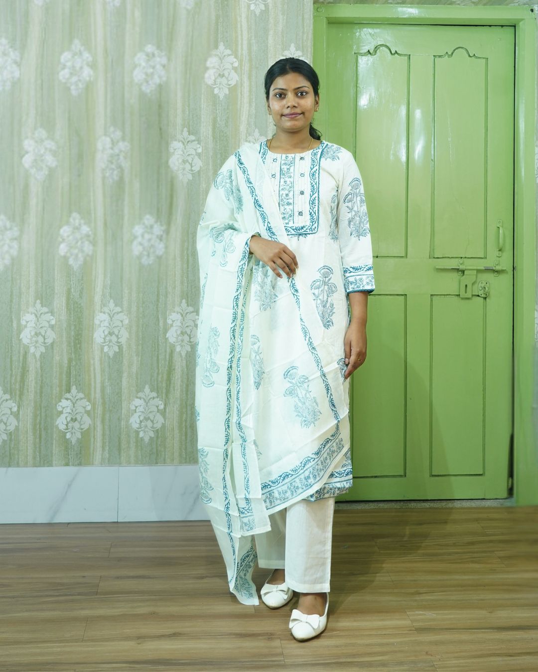 Ocean Breeze: Blue White Pure Cotton Kurti Set