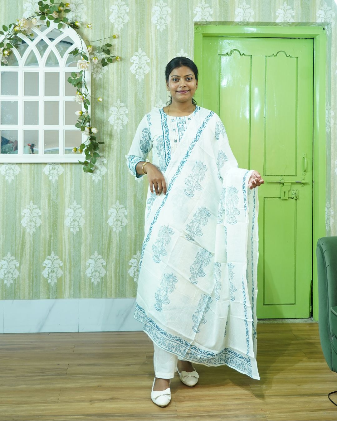 Ocean Breeze: Blue White Pure Cotton Kurti Set gallery 2