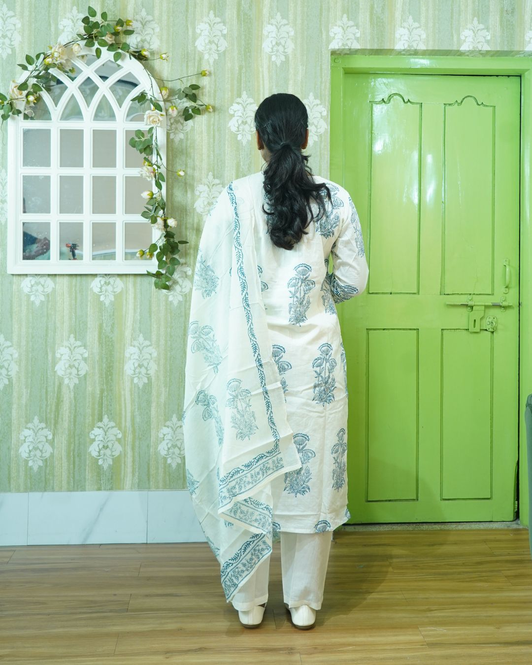 Ocean Breeze: Blue White Pure Cotton Kurti Set gallery 3