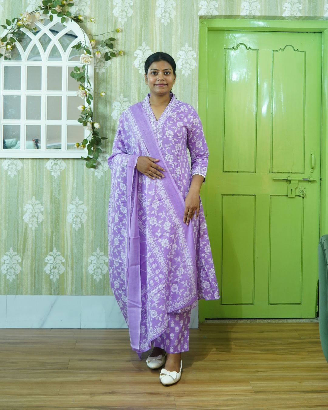 Lavender Noor: Pastel Petals Pure Cotton Kurti Set