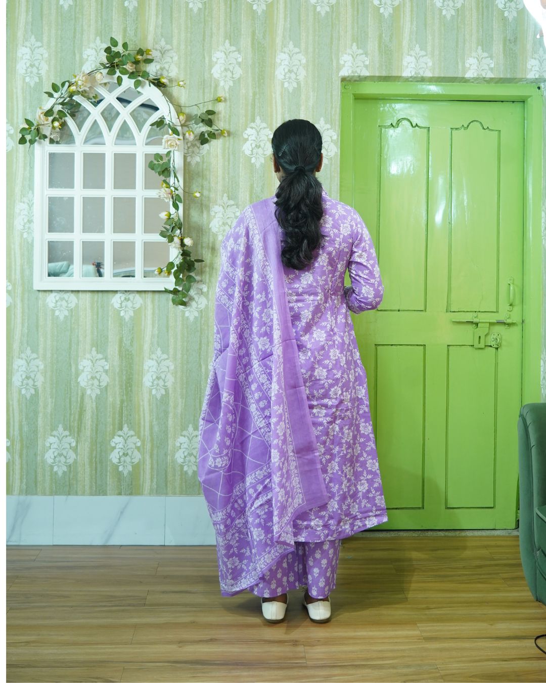 Lavender Noor: Pastel Petals Pure Cotton Kurti Set gallery 2