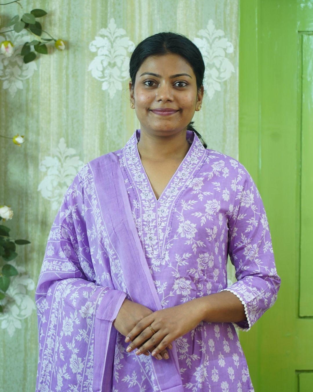 Lavender Noor: Pastel Petals Pure Cotton Kurti Set gallery 3