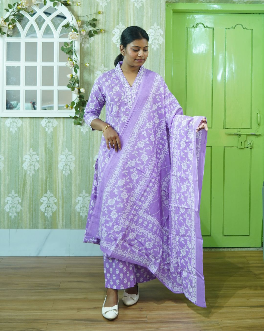 Lavender Noor: Pastel Petals Pure Cotton Kurti Set gallery 4