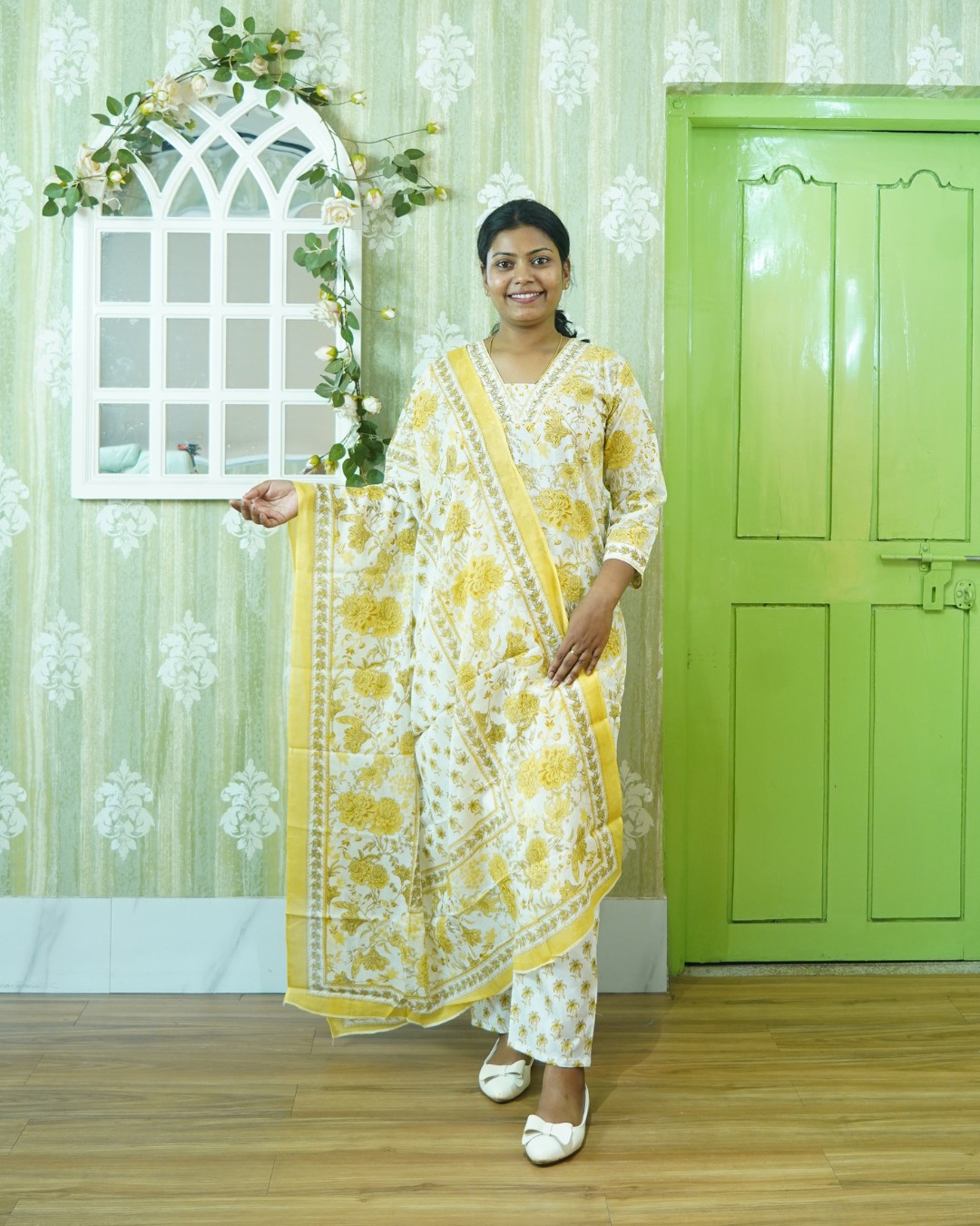 Swarna: Musturd Floral Pure Cotton Kurti Set