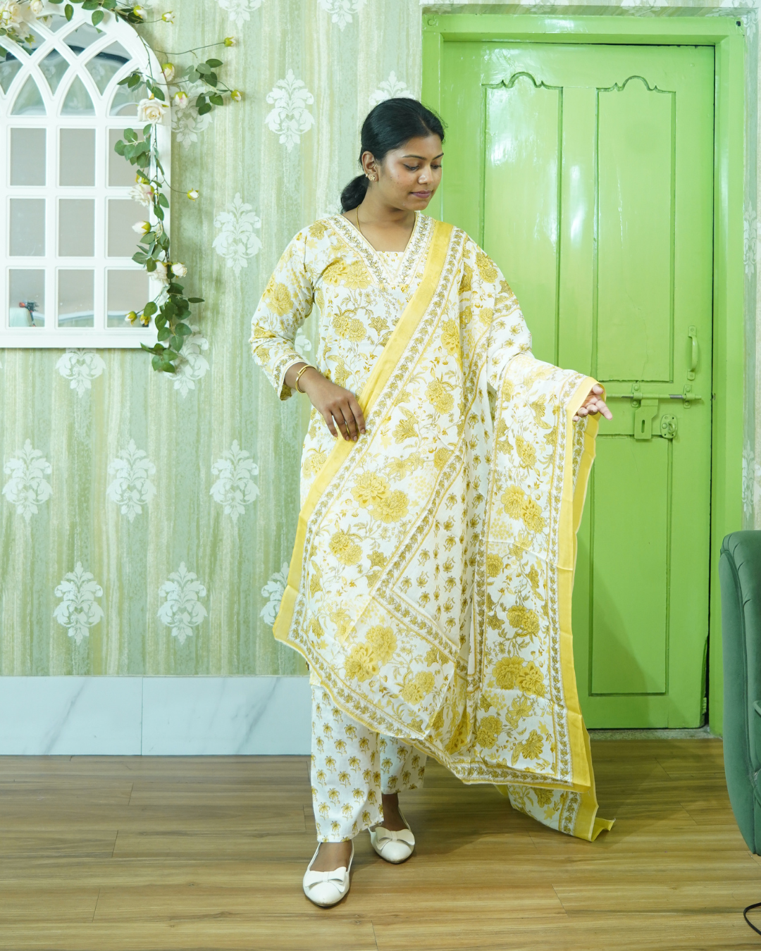 Swarna: Musturd Floral Pure Cotton Kurti Set gallery 2