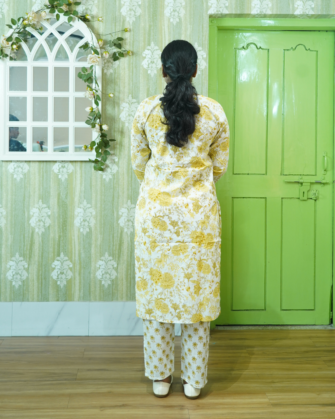 Swarna: Musturd Floral Pure Cotton Kurti Set gallery 3