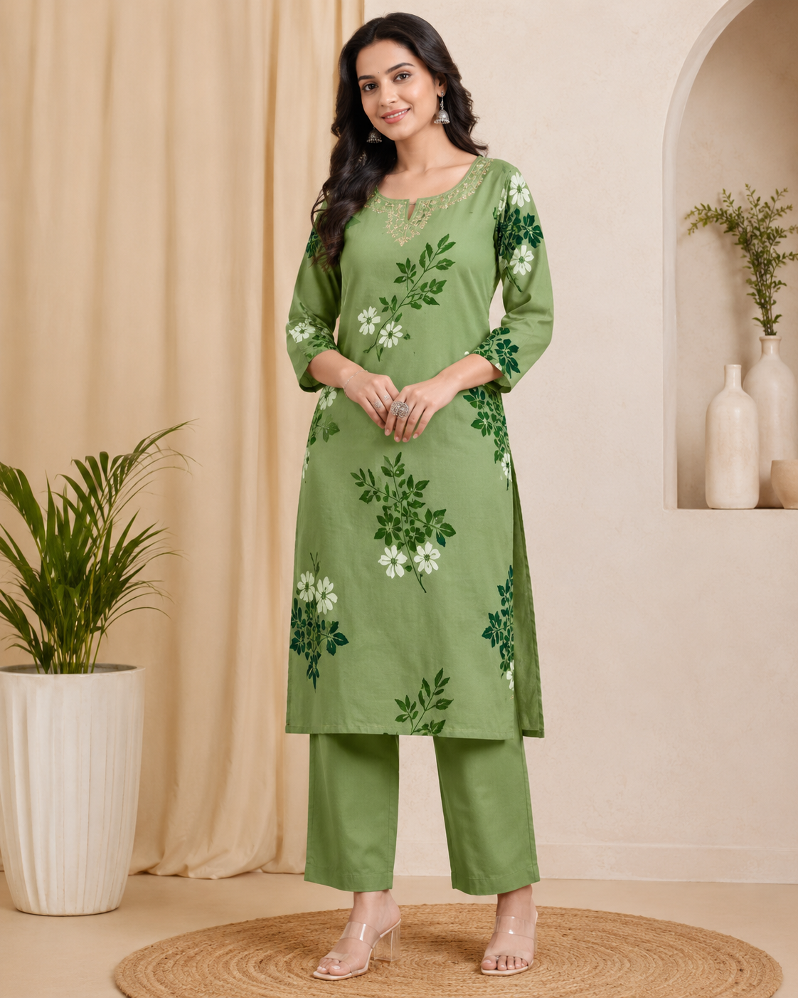 Mint Blossom: Pure Cotton Leaf Print Kurti Set